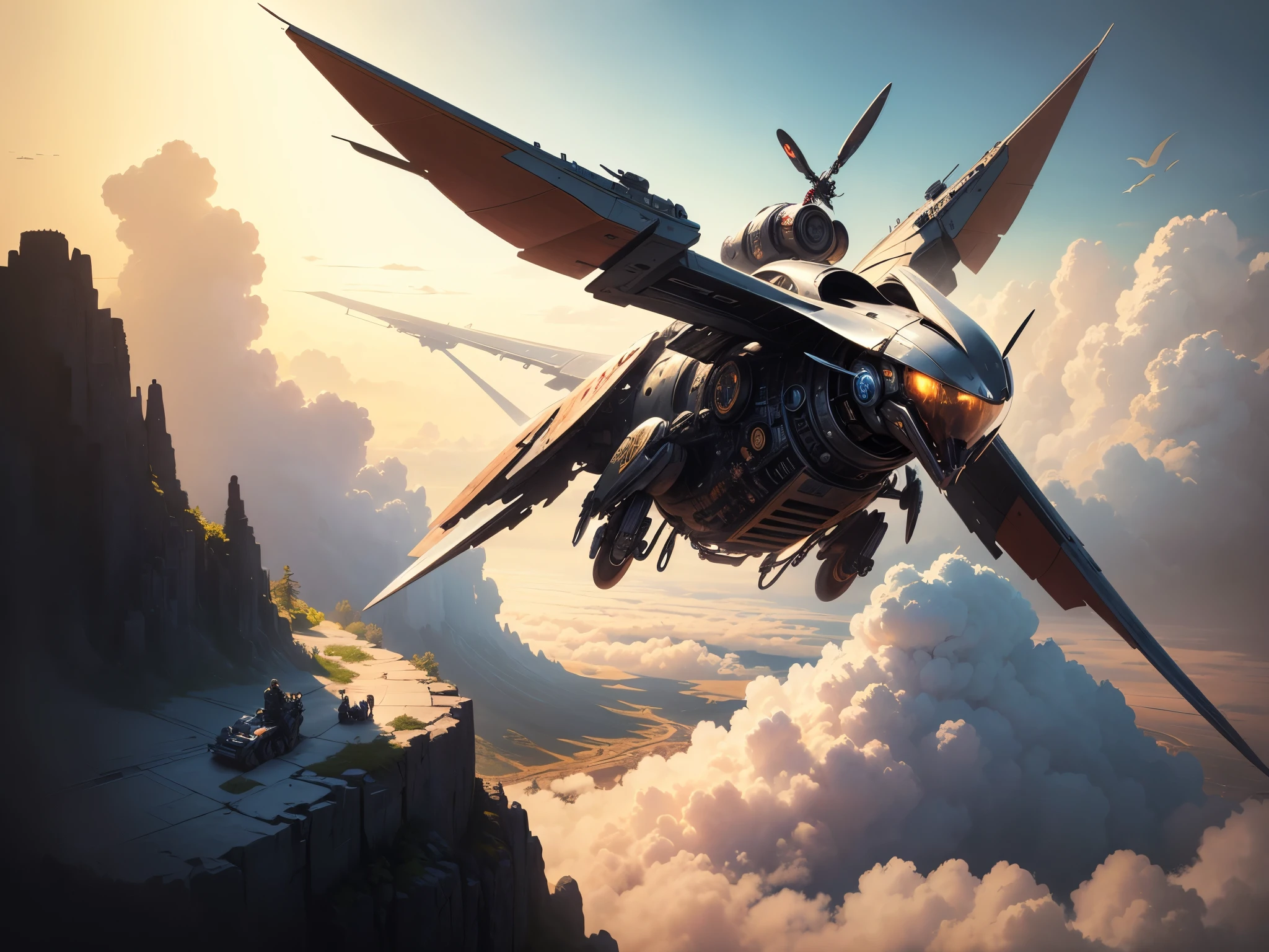 (Masterpiece, BestQuality:1.3),Ultra high resolution, pulp art, illustration, enigmatic cyborg in a flying machine exploring the clouds, sunny