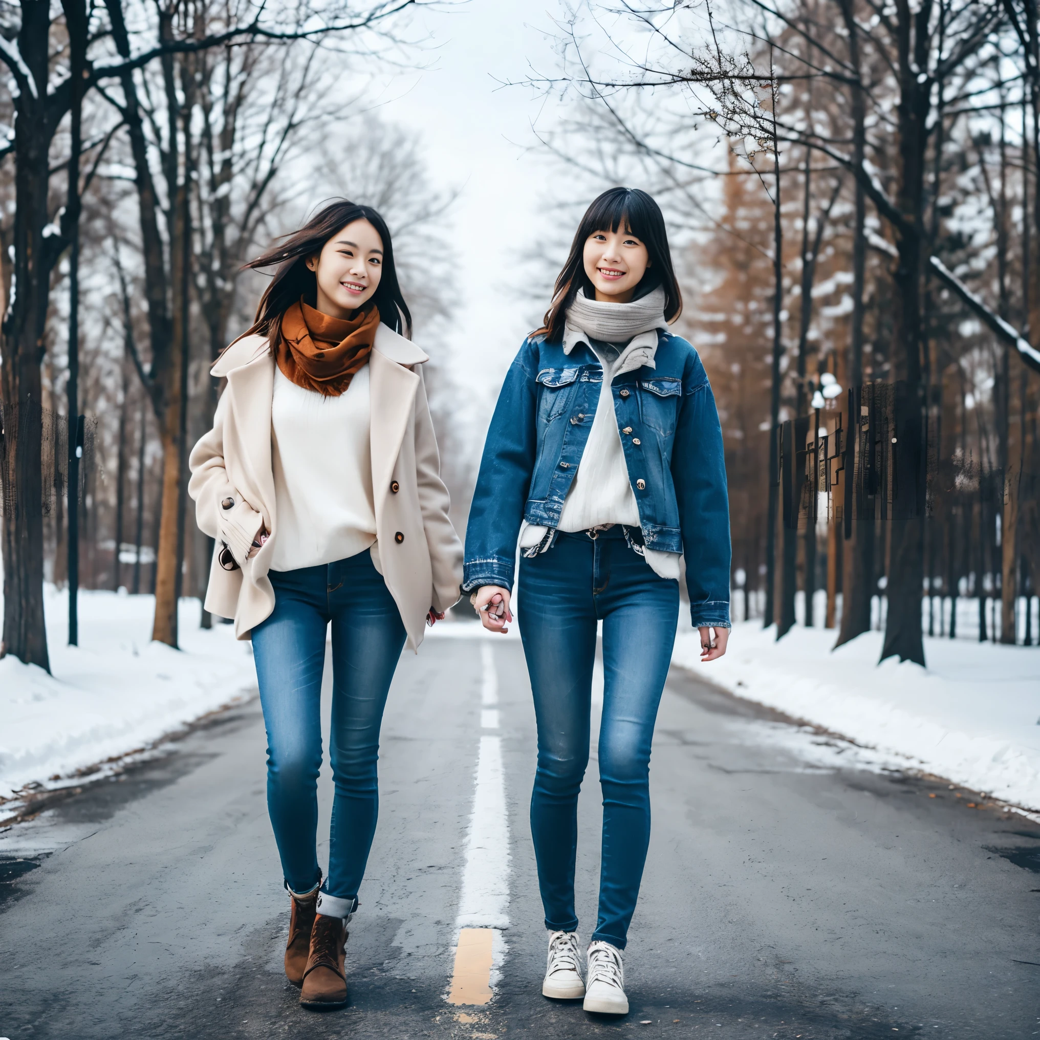 Two women at 20 years old wearing skinny jeans、Walking happily on the winter road。