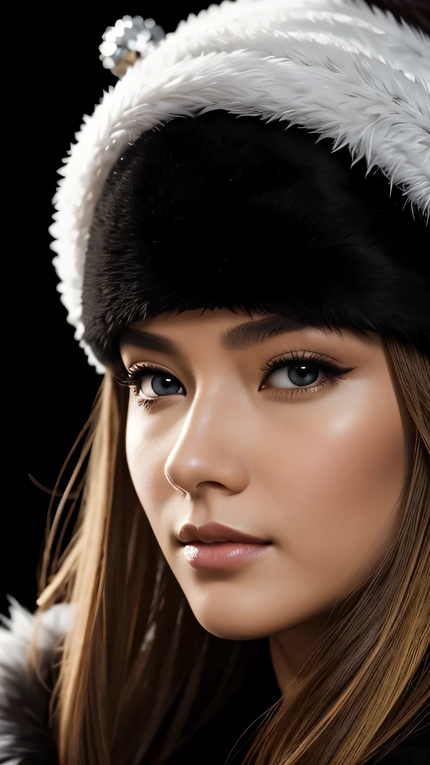 black background、a beautiful empress portrait, blonde hair, Perfect black eyes, Brilliantly, Impossible impressive big Christmas headpiece, clothes Santa robes, everything Christmas, snow, symmetry, Drafoodic Studio Lighting, Rococo, baroque, vegetables, Asian, hyper realism, close, d&d, fantasy, Complex, elegant, very detailed, digital painting, art station, octane rendering, 8K, concept art, food, sharp focus, (((close up of face))), masterpiece, 最high quality, high quality, High resolution, ((black background))