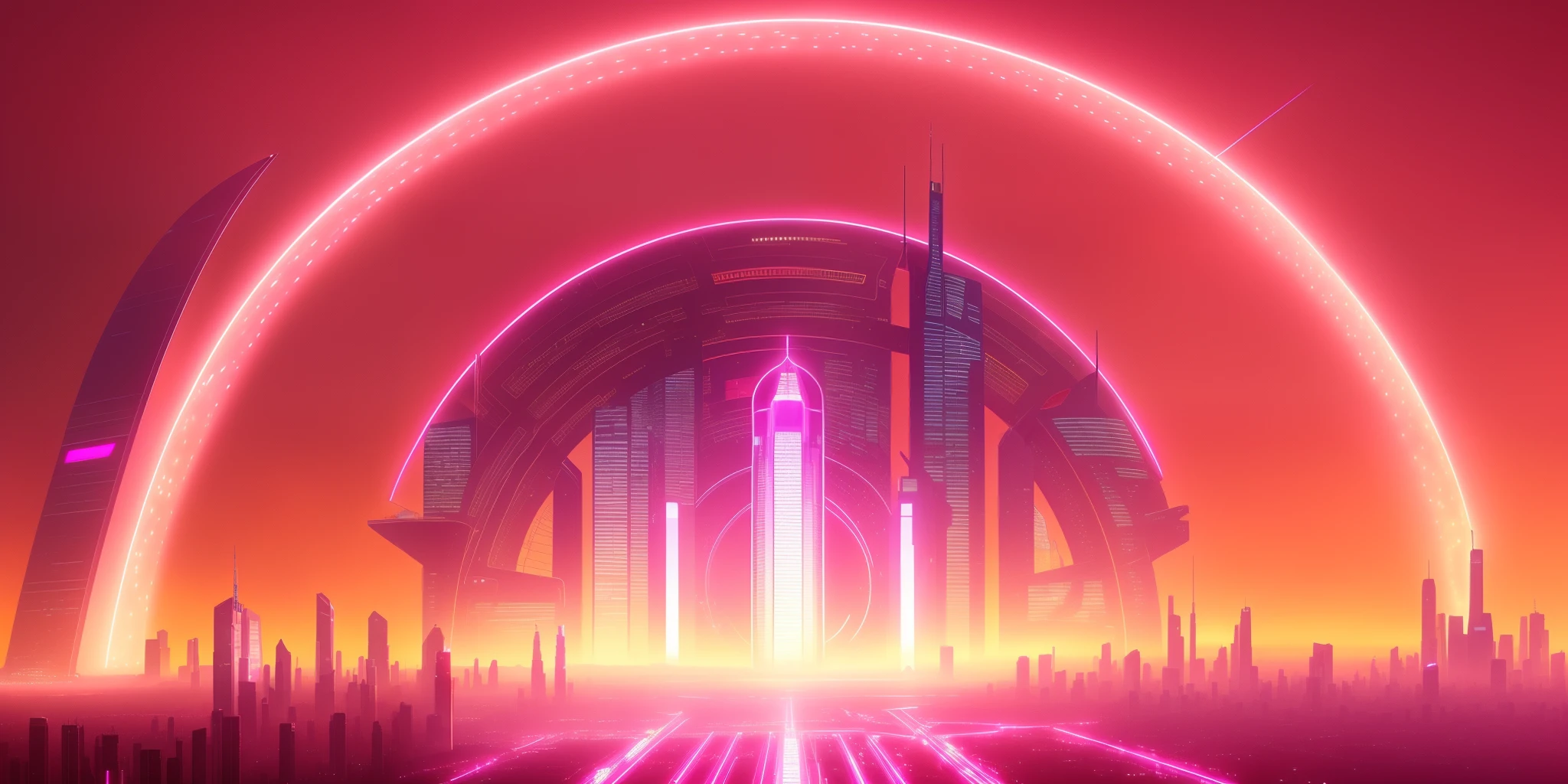 （air，Futurism，Fuchsia Cyberpunk，panoramic）city View，skyscraper，Towering Buildings，Surrounded by beautiful lakes，illuminated by the night sky。central building，like a flower，Standing majestically in the center。（glow：1.1）Neon lights and holograms fill the streets，Cycle through vibrant fuchsia。