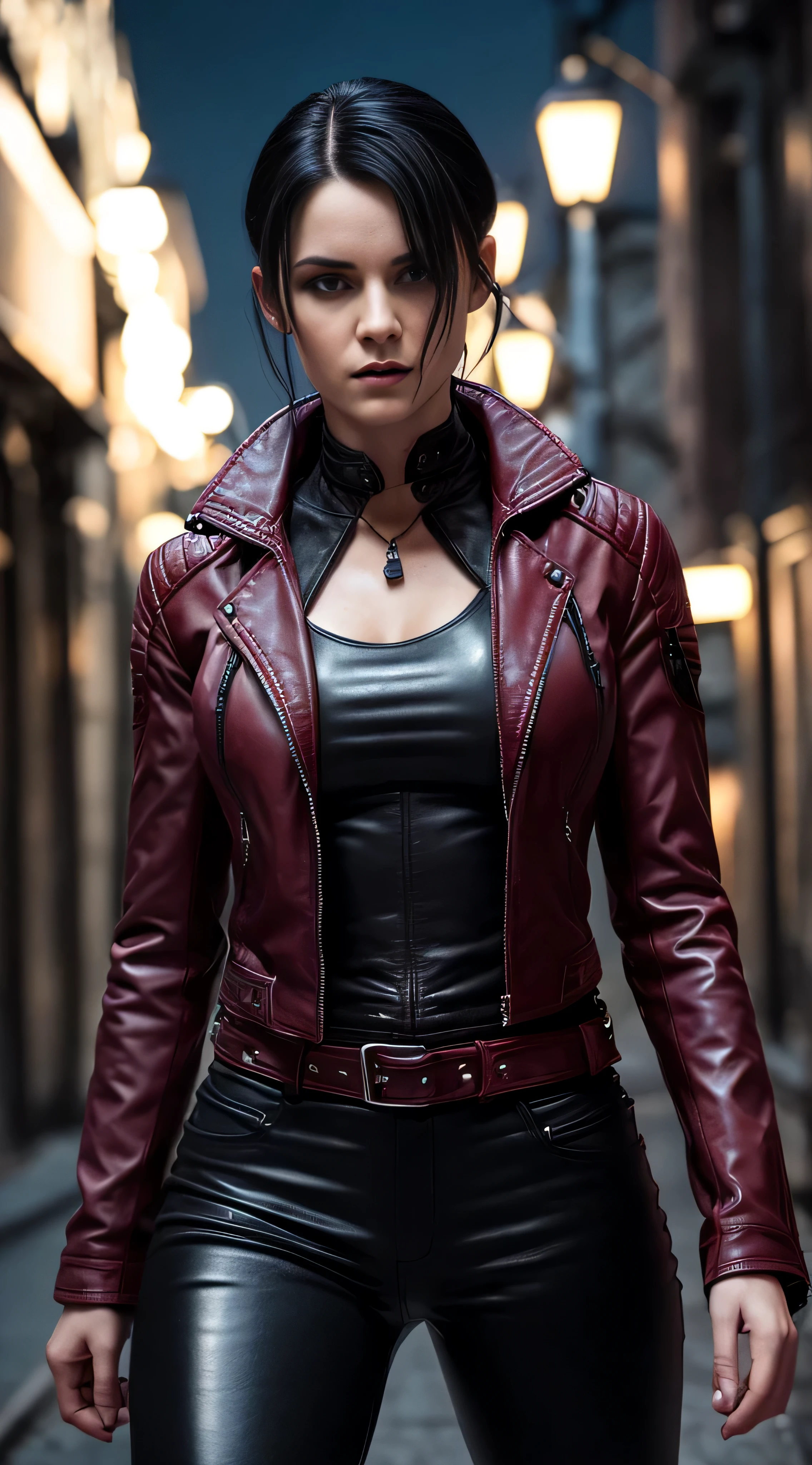 (A beautiful 25 years old British female vampire mercenary:1.4), (short wolfcut black hair:1.2), (pale skin), (detailed skin:1.2), (serious face), (wearing crimson leather jacket and black tight pants:1.4), (waist up shot:1.2), view from front, (dynamic action pose:1.2), (chiaroscuro lighting:0.8), (dark city at night:1.2), photo realism, intricate face detail, intricate hand details, highly detailed, vibrant colors, cinematic, 8k, trending on Artstation--style raw