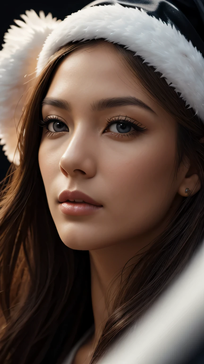 black background、a beautiful empress portrait, blonde hair, Perfect black eyes, Brilliantly, Impossible impressive big Christmas headpiece, clothes Santa robes, everything Christmas, snow, symmetry, Drafoodic Studio Lighting, Rococo, baroque, vegetables, Asian, hyper realism, close, d&d, fantasy, Complex, elegant, very detailed, digital painting, art station, octane rendering, 8K, concept art, food, sharp focus, (((close up of face))), masterpiece, 最high quality, high quality, High resolution, ((black background))
