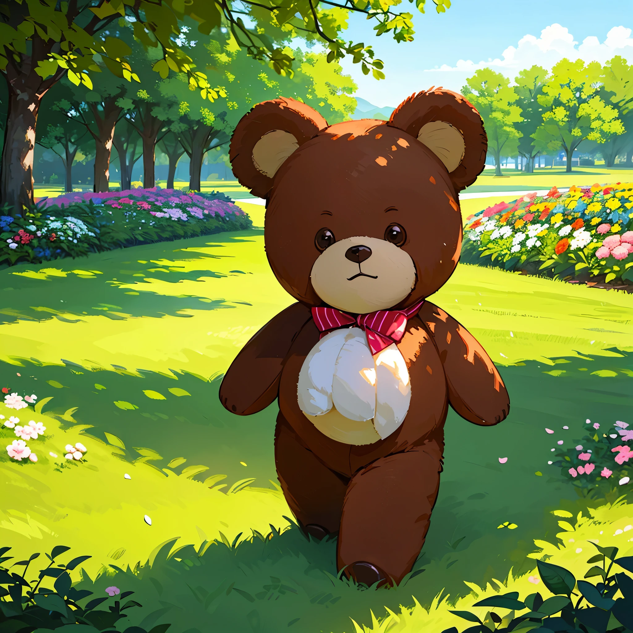 (best quality,4k,8k,highres,masterpiece:1.2),ultra-detailed,(realistic,photorealistic,photo-realistic:1.37),Illustration,Octane Render,morning park,a  walking with a teddy bear, the girl has a bun hairstyle and a smiling face, vibrant colors, soft sunlight, beautiful flowers, green grass, playful atmosphere, peaceful environment,detailed textures, vibrant colors, cute teddy bear outfit, joyful expression