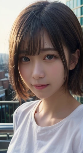 masterpiece, best quality, 8K, disorganized person, (Upper body:1.4), white shirt, beautiful girl, pretty face, looking at the viewer, smile, super realistic, high resolution, new photo, sharp focus, HDR, face light, dynamic lighting, movie lighting, professional shadow, beautiful cityscape background, highest details, very detailed, Super detailed, fine details, real skin, delicate features, detailed face and eyes, sharp pupils、realistic student