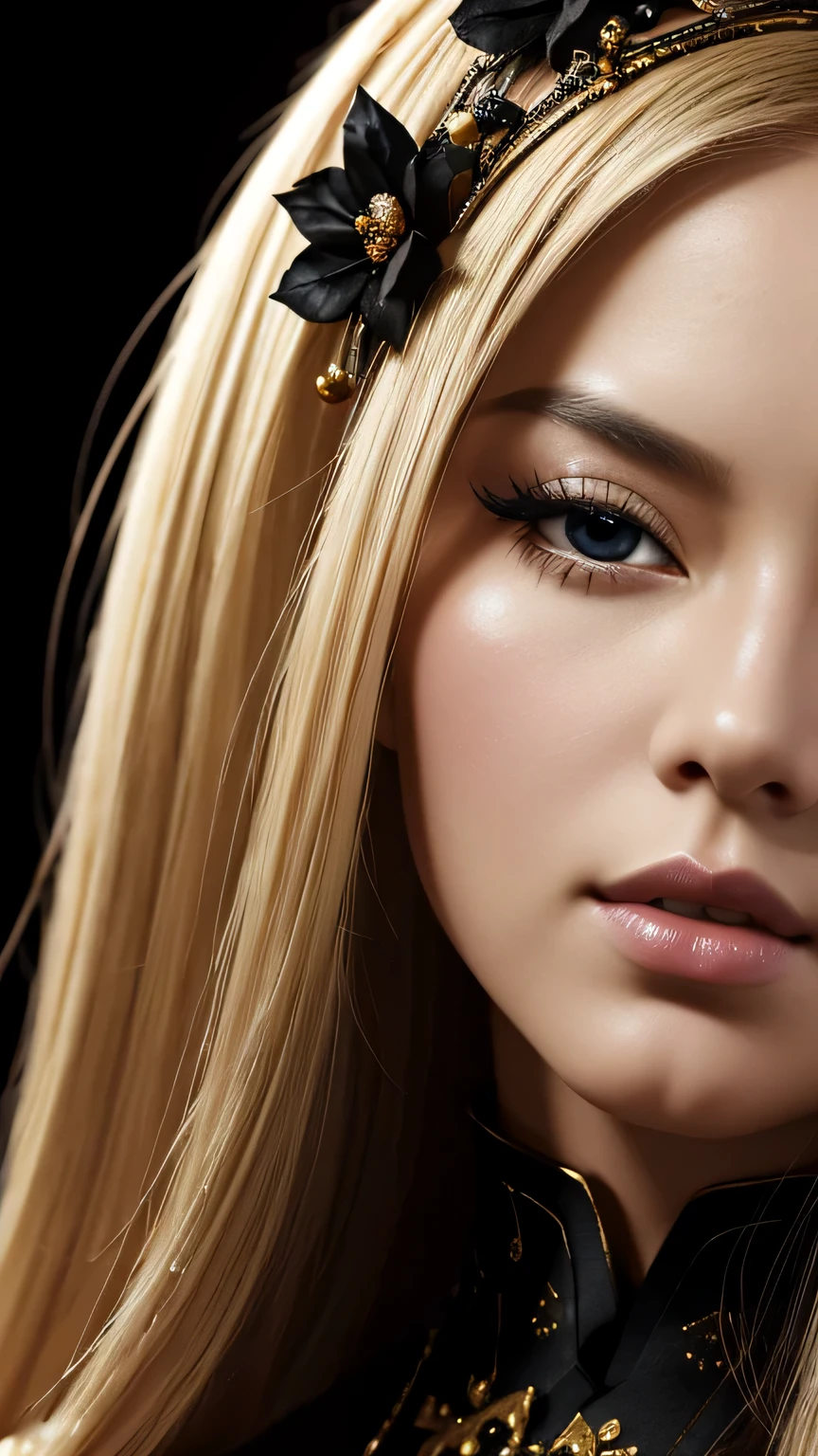 black background、a beautiful empress portrait, blonde hair, Perfect black eyes, Brilliantly, Impossible impressive big Christmas headpiece, clothes Santa robes, everything Christmas, snow, symmetry, Drafoodic Studio Lighting, Rococo, baroque, vegetables, Asian, hyper realism, close, d&d, fantasy, Complex, elegant, very detailed, digital painting, art station, octane rendering, 8K, concept art, food, sharp focus, (((close up of face))), masterpiece, 最high quality, high quality, High resolution, ((black background))