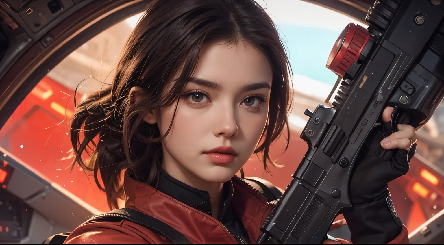 Upper body close-up image. A beautiful woman wearing a red combat uniform and holding a gun in one hand. Dark brown hair. Serious look. She's inside a spaceship.