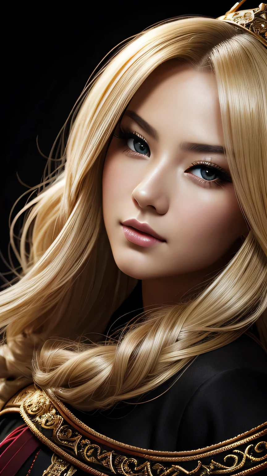 black background、a beautiful empress portrait, blonde hair, Perfect black eyes, Brilliantly, Impossible impressive big Christmas headpiece, clothes Santa robes, everything Christmas, snow, symmetry, Drafoodic Studio Lighting, Rococo, baroque, vegetables, Asian, hyper realism, close, d&d, fantasy, Complex, elegant, very detailed, digital painting, art station, octane rendering, 8K, concept art, food, sharp focus, (((close up of face))), masterpiece, 最high quality, high quality, High resolution, ((black background))