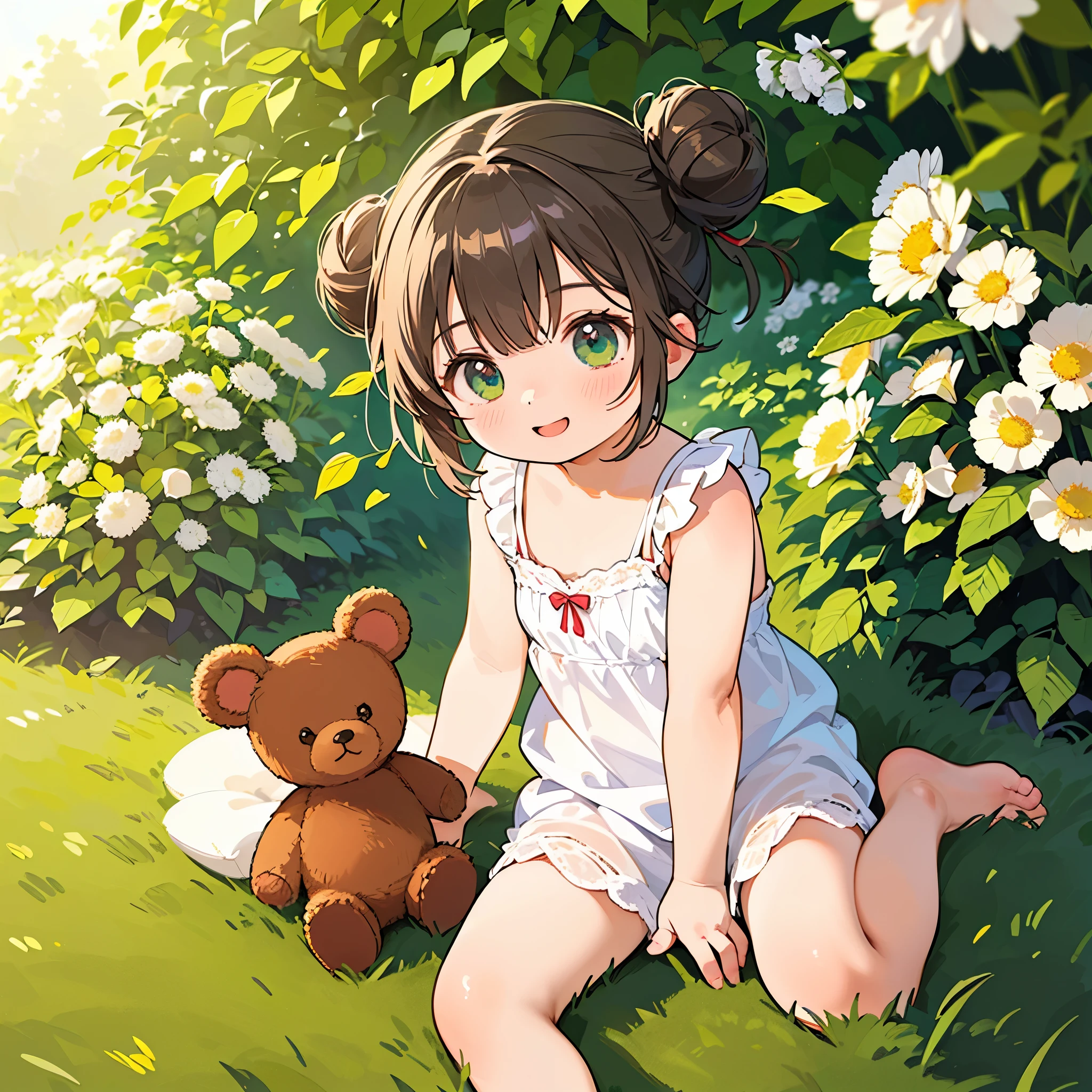 (best quality,4k,8k,highres,masterpiece:1.2),ultra-detailed,(realistic,photorealistic,photo-realistic:1.37),Illustration,Octane Render,morning park,a  walking with a teddy bear, the girl has a bun hairstyle and a smiling face, vibrant colors, soft sunlight, beautiful flowers, green grass, playful atmosphere, peaceful environment,detailed textures, vibrant colors, cute teddy bear outfit, joyful expression