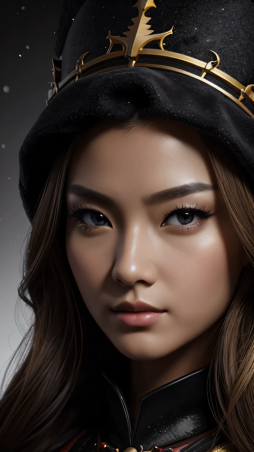 black background、a beautiful empress portrait, blonde hair, Perfect black eyes, Brilliantly, Impossible impressive big Christmas headpiece, clothes Santa robes, everything Christmas, snow, symmetry, Drafoodic Studio Lighting, Rococo, baroque, vegetables, Asian, hyper realism, close, d&d, fantasy, Complex, elegant, very detailed, digital painting, art station, octane rendering, 8K, concept art, food, sharp focus, (((close up of face))), masterpiece, 最high quality, high quality, High resolution, ((black background))