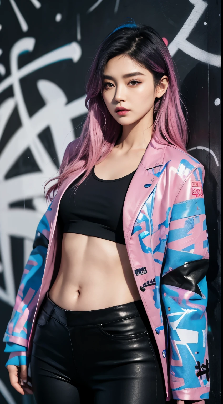 Realistic skin, best quality, Clarity, 4k, 8k, detail, actual, tattoed Girl, Korean makeup, black lips, pink and blue medium mullet hair, Perfect six pack body, stand, pose standing, medium chest, dark blazer top, black legging Pants, Solid graffiti wall background, Graffiti art,