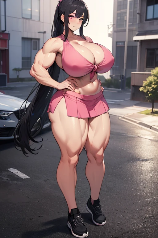 (Best quality,8K,ultra high res:1.5),(Pretty very long tied ponytail hair anime girl),(Huge breasts:1.50),(very voluptuous body),(very voluptuous thigh),(body builder girl:1.5),(wide muscle:1.4),(naked),(light smile),(eyes to camera),(light black hair),(pink short skirt),(standing view),(black shoes)