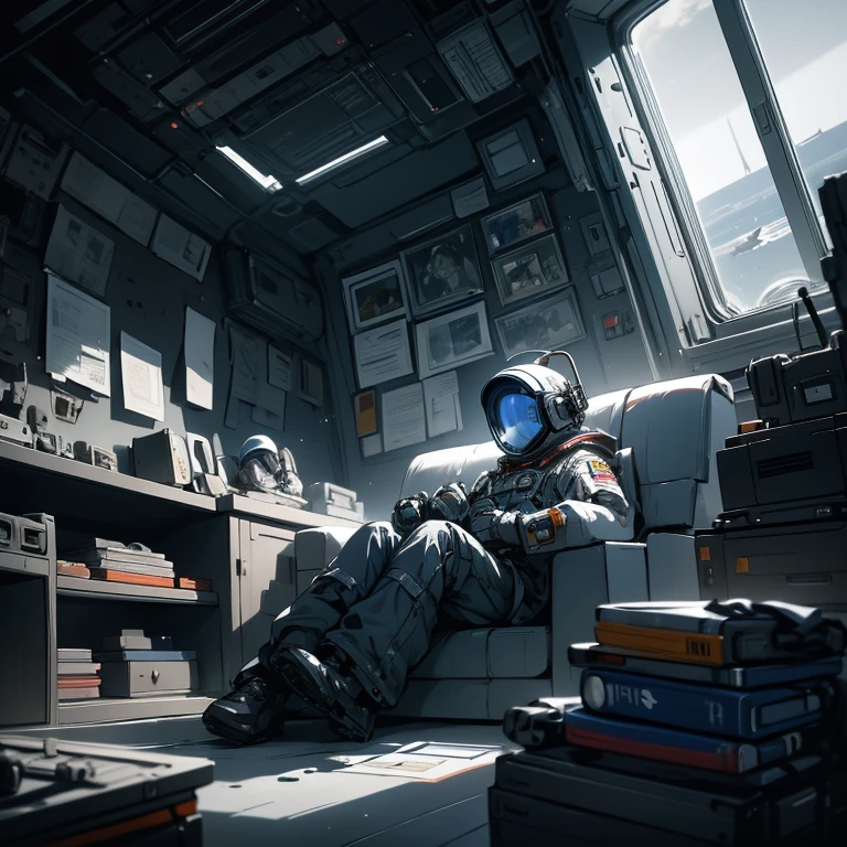 A young boy sits on a gray sofa and looks at an astronaut helmet held in his hands，Behind it are cabinets filled with rocket and airplane models. The entire room has no windows and is relatively dark.