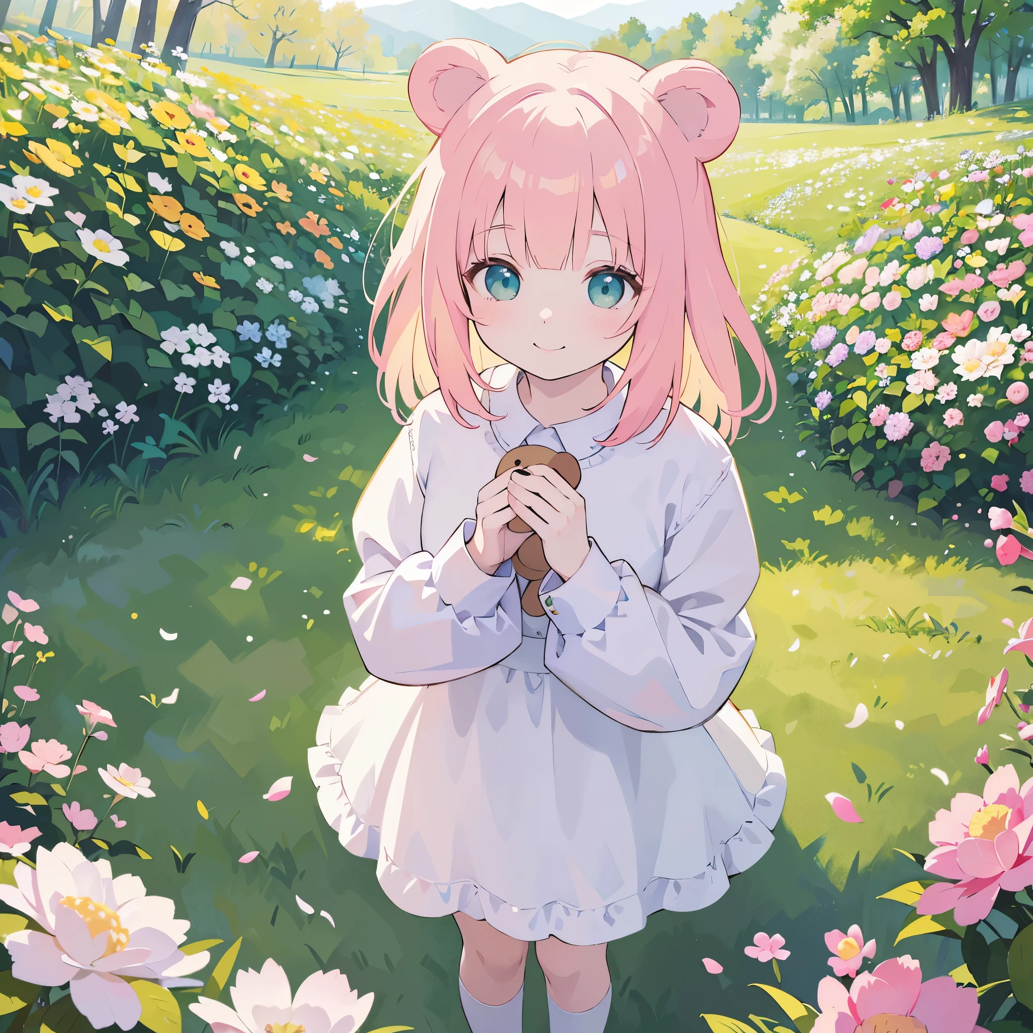 (best quality,4k,8k,highres,masterpiece:1.2),ultra-detailed,(realistic,photorealistic,photo-realistic:1.37),Illustration,Octane Render,morning park,a walking with a teddy bear, the girl has a bun hairstyle and a smiling face, vibrant colors, soft sunlight, beautiful flowers, green grass, playful atmosphere, peaceful environment,detailed textures, vibrant colors, cute teddy bear outfit, joyful expression