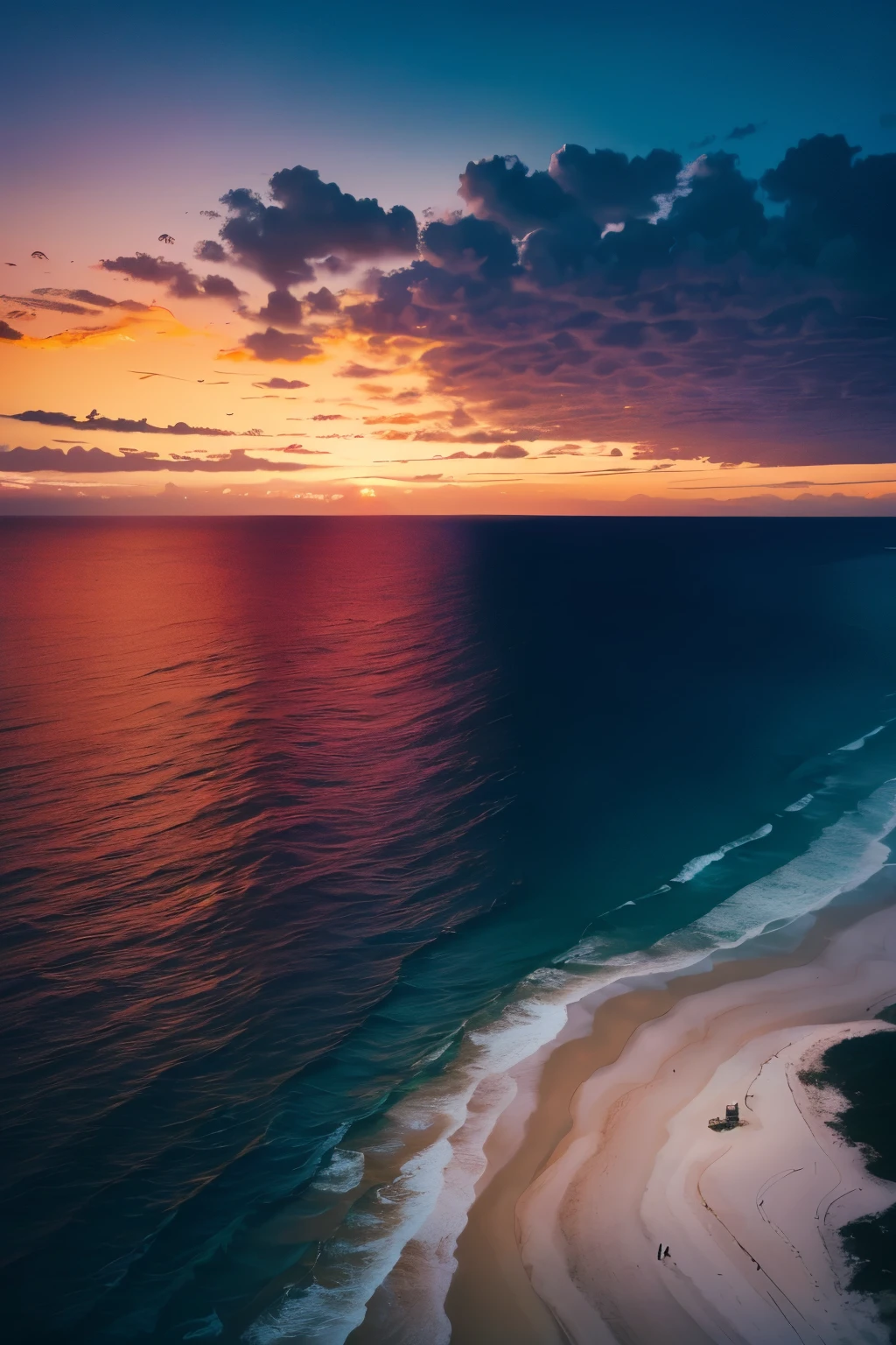 ((best quality)), ((masterpiece)), (detailed), Cinematic, landscape photography, a vibrant sunset over the ocean viewed from a boat, flattened perspective, capturing the serene moment, present day, wide-angle shot, 8K ultra-high resolution, DSLR camera, in the style of a National Geographic photo, evoking a sense of tranquility and awe, golden hour lighting, color palette of deep oranges, purples, and blues, minimalistic transavanguardia art style, sophisticated multiple filter effects to enhance the mood and texture. no people, no man, no woman