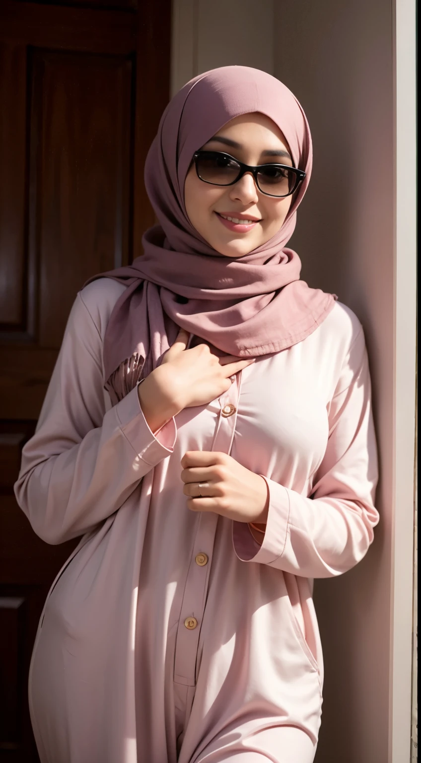 A photo of a young, arabic woman in hijab smile , looking at the viewer. Photographe wearing loose hijab style morning sunglasses
Masterpiece, beautiful , body covered with beautiful clothes except face and hands at home wearing pajamas