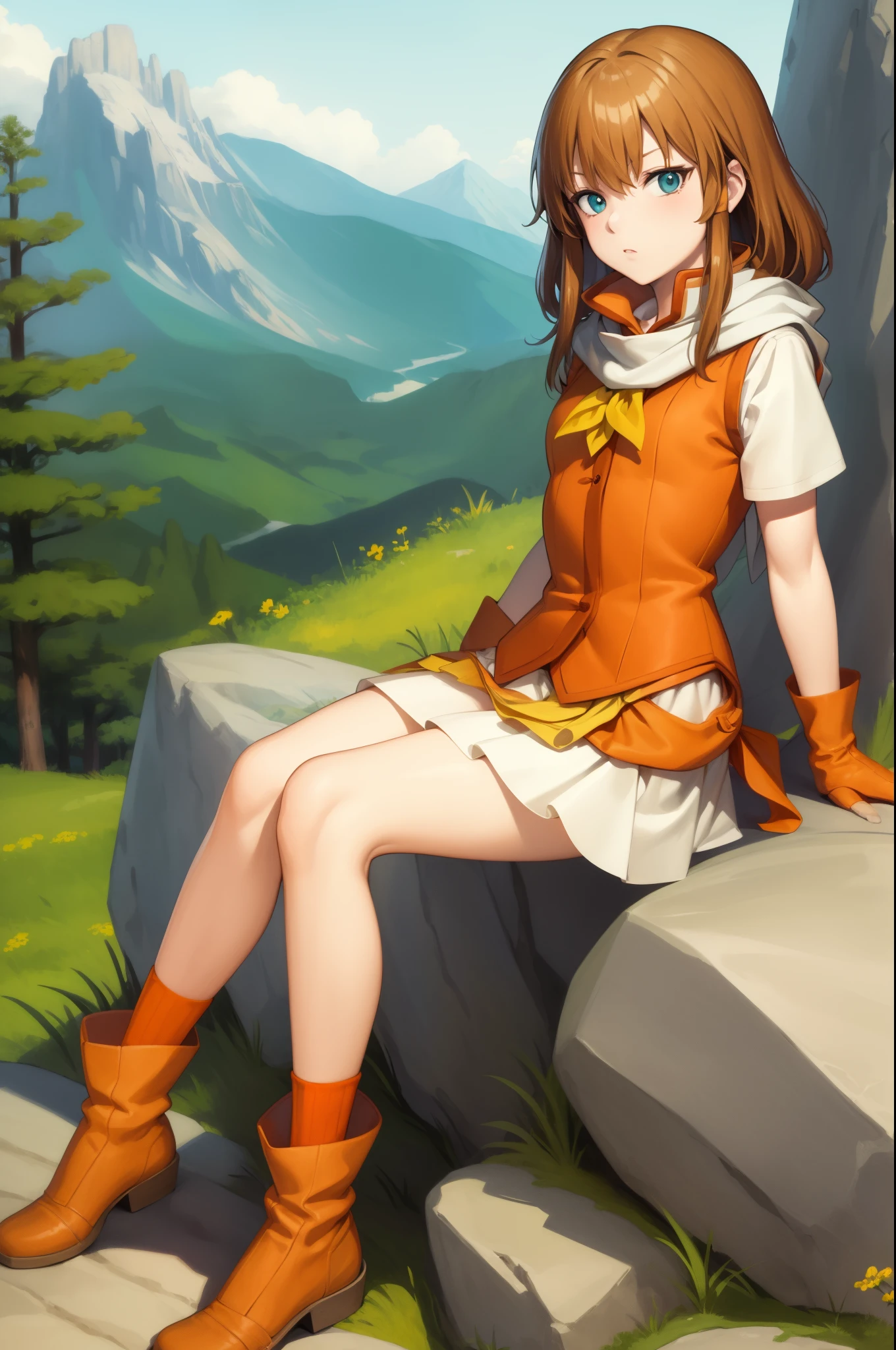 masterpiece, best quality, feMist, white scarf, orange vest, yellow dress, orange socks, boots, mountains, hills, rock formations, looking at viewer, serious expression 