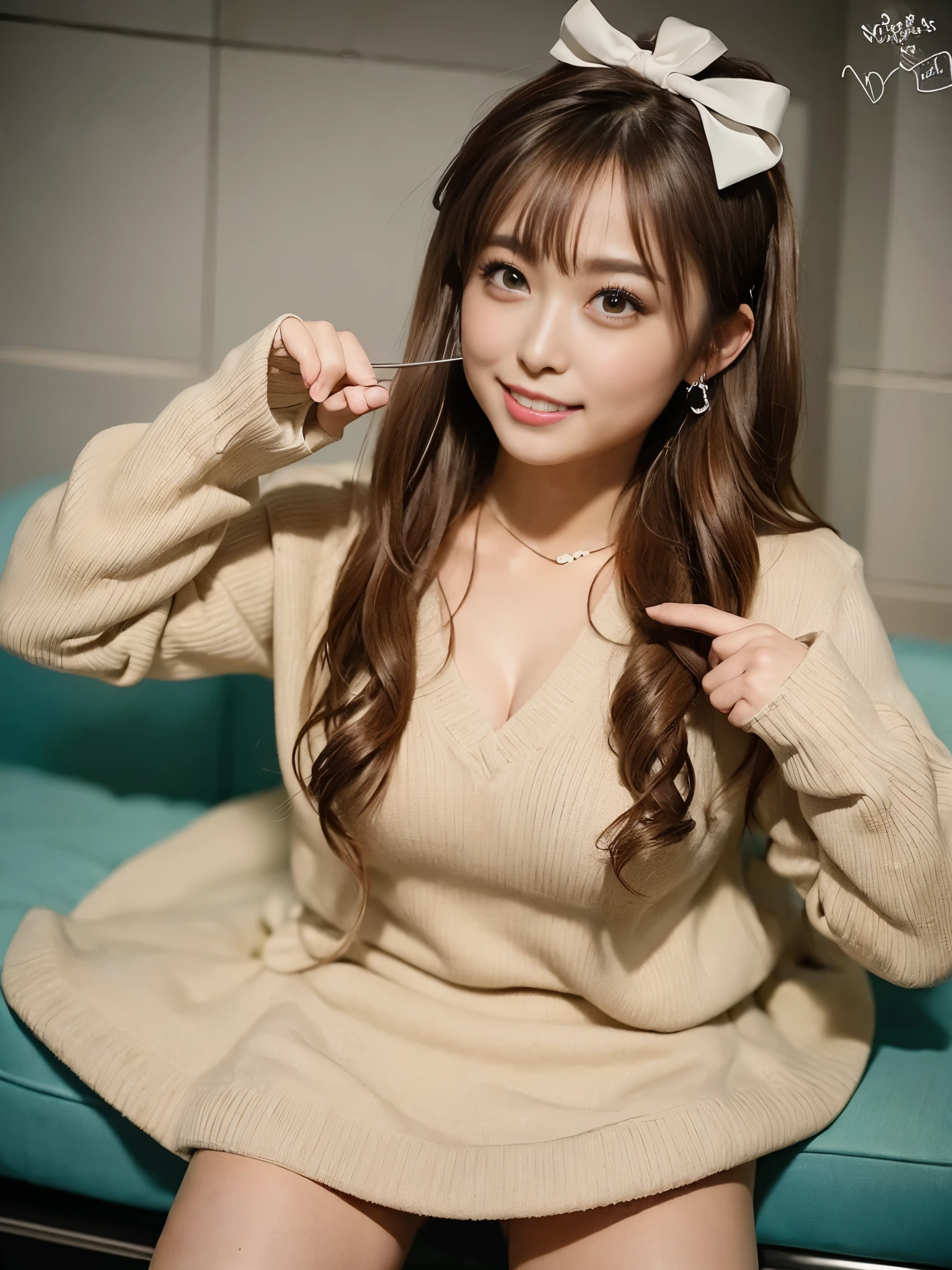 ((super high quality:1.2,super high quality:1.2,photo reality:1.2,ultra high resolution,super fine,alone,No medical defects,Not medically excessive)),(Perfectly balanced body),look at the camera,smile,blush,(double bun),(light brown hair),(very long hair),(V-neck sweater),Miniskater skirt,check,hairpin,hair ribbon,knee high boots,cowboy shot,put your hand on your chest