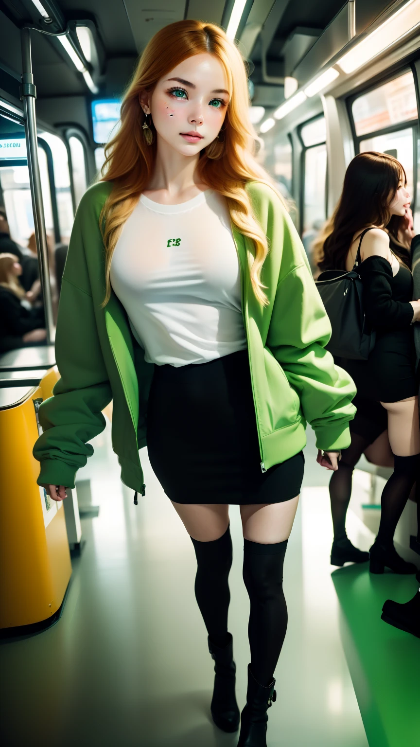 (()), beautiful girl, there are freckles on her face, light green eyes, big earrings, white t-shirt, Jacket, mini skirt, black tights, heel boots, whole body, shot from below, very bright skin , very long hair, wavy hair , blonde hair, Inside a crowded subway car, realistic, indirect lighting, volumetric light, ray tracing, super detailed, highest quality, ultra high resolution, nffsw, 8K