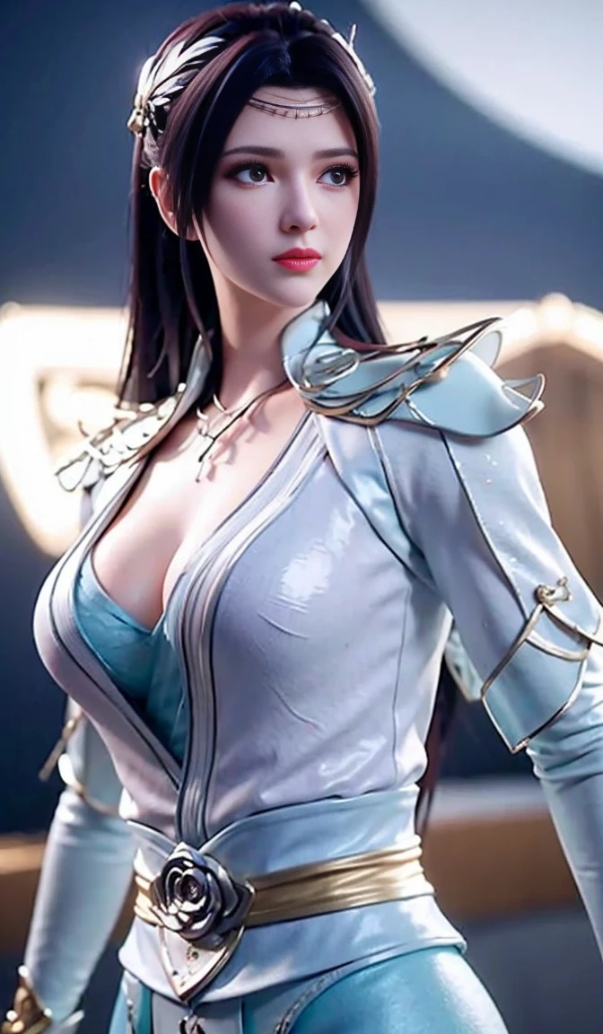 Black background wall, blurred background, highest quality, close-up of a woman, perfect face, perfect figure, alluring, charming, ultra hd, textured skin, super detail, 8k, super fine, extra large breasts, huge breasts, breast exposure, perfect face, delicate eyes, seductive, charming, half nude, 3d rendered character art 8K, fantasy characters, 3DCG, close-up of a woman, perfect face, perfect figure, alluring, charming, hands to the back, looking at me head-on, stereoscopic, textured skin, super detailed characters , 8k, fantasy characters, 3DCG, masterpiece, CGstation, peerless beauty, 3DCG, movie bloom, movie soft light, skin type, flawless, delicate nose, peerless beauty, sister, royal sister, 3D movie character 8K, movie bloom, movie soft light, skin white as jade, flawless, god