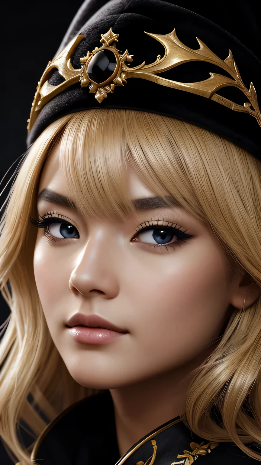 black background、a beautiful empress portrait, blonde hair, Perfect black eyes, Brilliantly, Impossible impressive big Christmas headpiece, clothes Santa robes, everything Christmas, snow, symmetry, Drafoodic Studio Lighting, Rococo, baroque, vegetables, Asian, hyper realism, close, d&d, fantasy, Complex, elegant, very detailed, digital painting, art station, octane rendering, 8K, concept art, food, sharp focus, (((close up of face))), masterpiece, 最high quality, high quality, High resolution, ((black background))