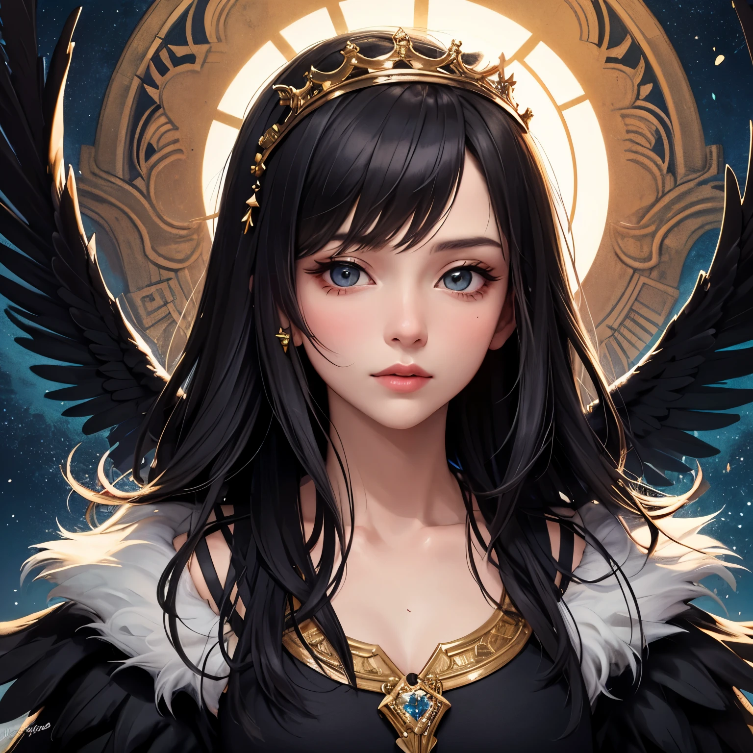 ((Best quality)), ((masterpiece)), (detailed), perfect face,
queen of black birds, dawn in the mountains, the lights of a sun, fantasy, black swift