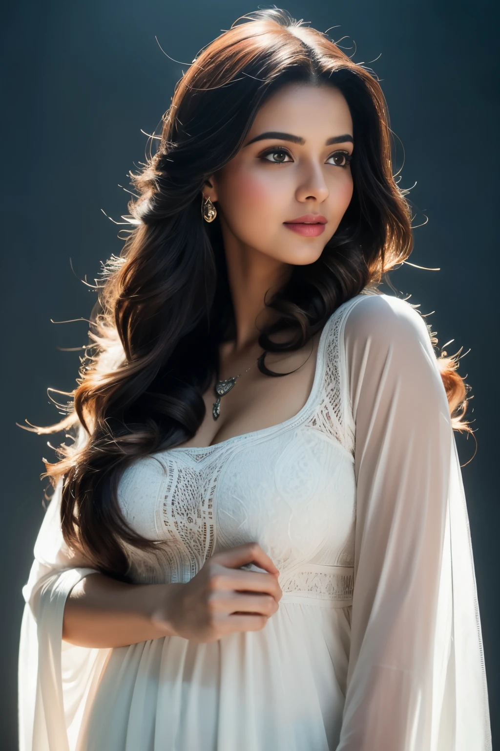 Portrait of A confident-looking Bangladesh  woman with flowing long and thick hair, hazel eyes, team India cricket tshirt, a smile on the face, royal and lusty look, red bindi, standing in cricket stadium, c-cup breast, perfect composition, hyperrealistic, super detailed, 8k, high quality, trending art, trending on artstation, sharp focus,  photo, intricate details, highly detailed, art by Greg Rutkowski