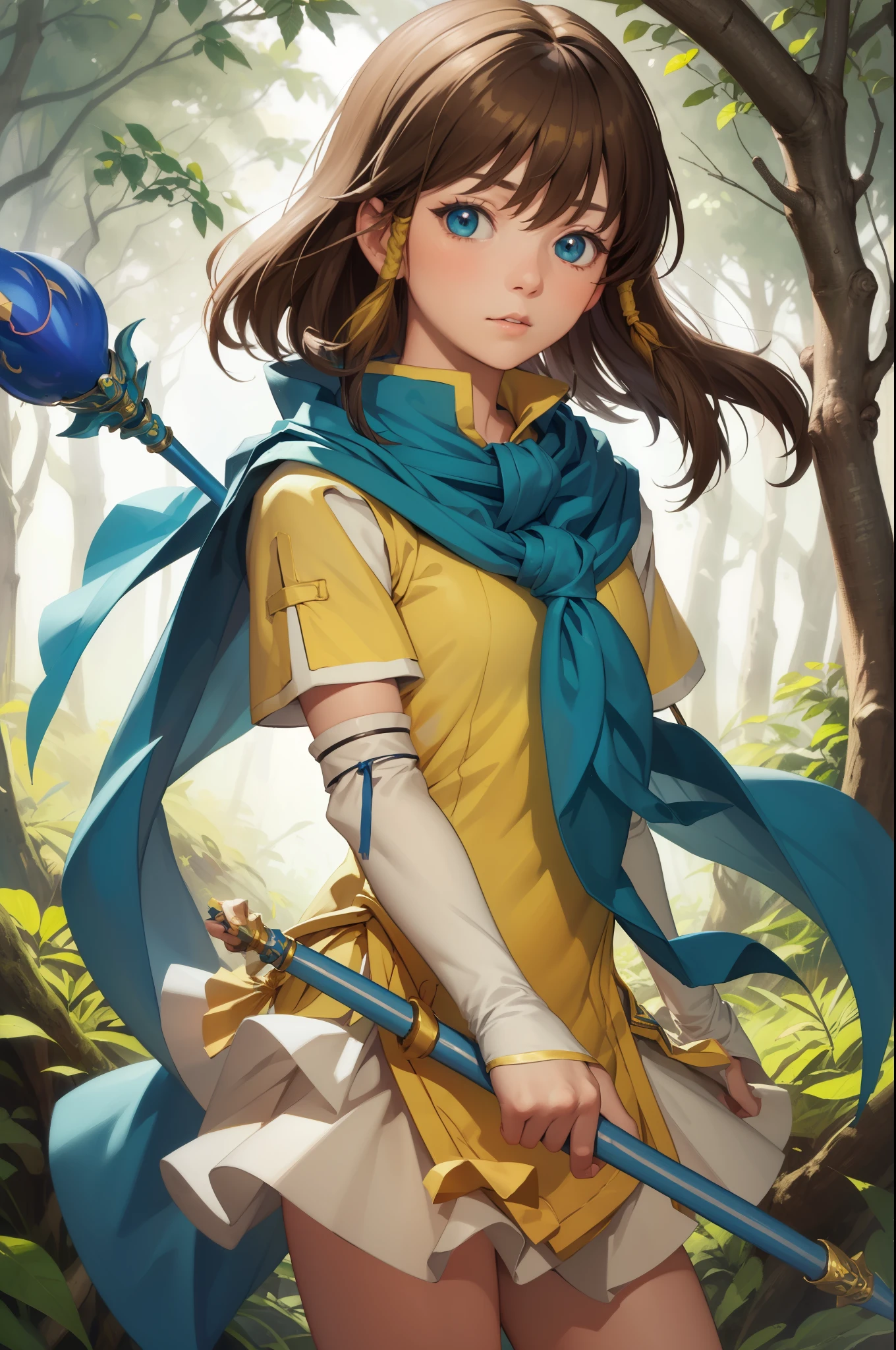 masterpiece, best quality, feMist, blue capelet, yellow shirt, arm warmers, pleated skirt, upper body, looking at viewer, dense forest, holding a wizard's staff