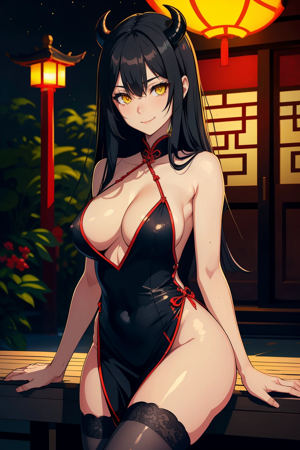 ((nude natural tits)), (best quality, high-res, ultra-detailed, anime style, pastel, warm), ((dark grey skin demon, black hair, yellow eyes, smug eyes, slightly smiling, vampire yellow eyes)), (Chinese temple garden, nighttime, starry night), (nsfw), dark grey skin nude demon, ((dark grey skin demon girl)), portrait, closeup, chocker, stockings, beautiful body, Chinese sexy black dress, cheongsam with nude tits, sexy shot, sexy posing 