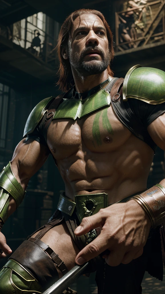 "Generate an intense and detailed scene where Kratos, adorned in his iconic attire, clashes with the Hulk in a dynamic sci-fi environment. Incorporate futuristic elements, such as advanced technology or alien landscapes, heightening the epic nature of their battle. Ensure the surroundings reflect the magnitude of their power and evoke a sense of awe."