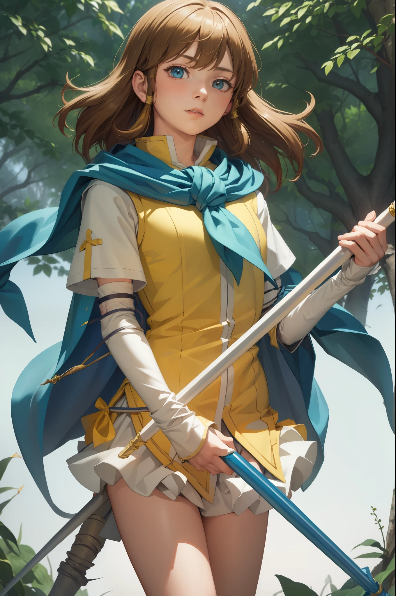 masterpiece, best quality, feMist, blue capelet, yellow shirt, arm warmers, pleated skirt, upper body, looking at viewer, dense forest, holding a wizard's staff