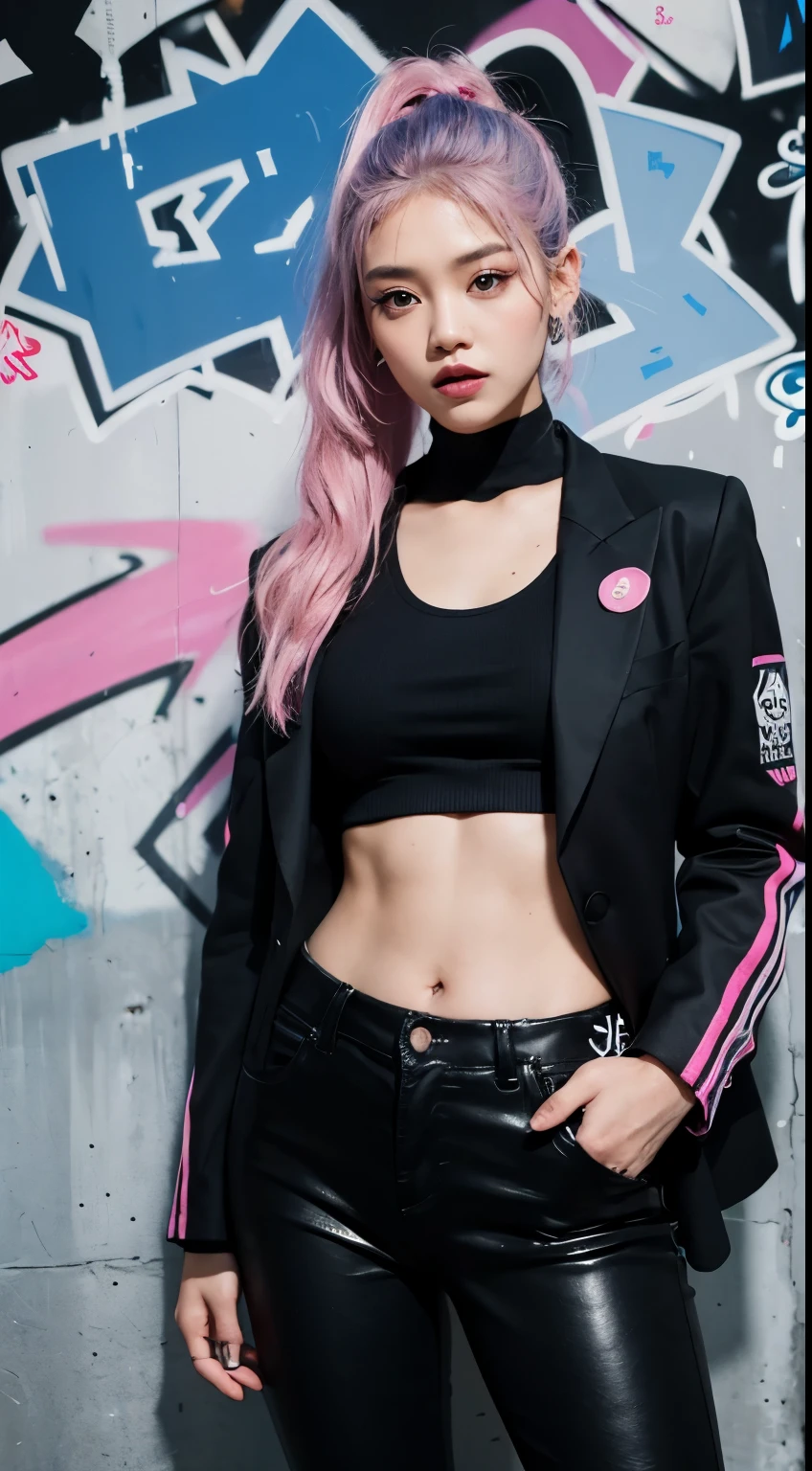 Realistic skin, best quality, Clarity, 4k, 8k, detail, actual, tattoed Girl, Korean makeup, black lips, pink and blue medium mullet hair, Perfect six pack body, stand, pose standing, medium chest, dark blazer top, black legging Pants, Solid graffiti wall background, Graffiti art,