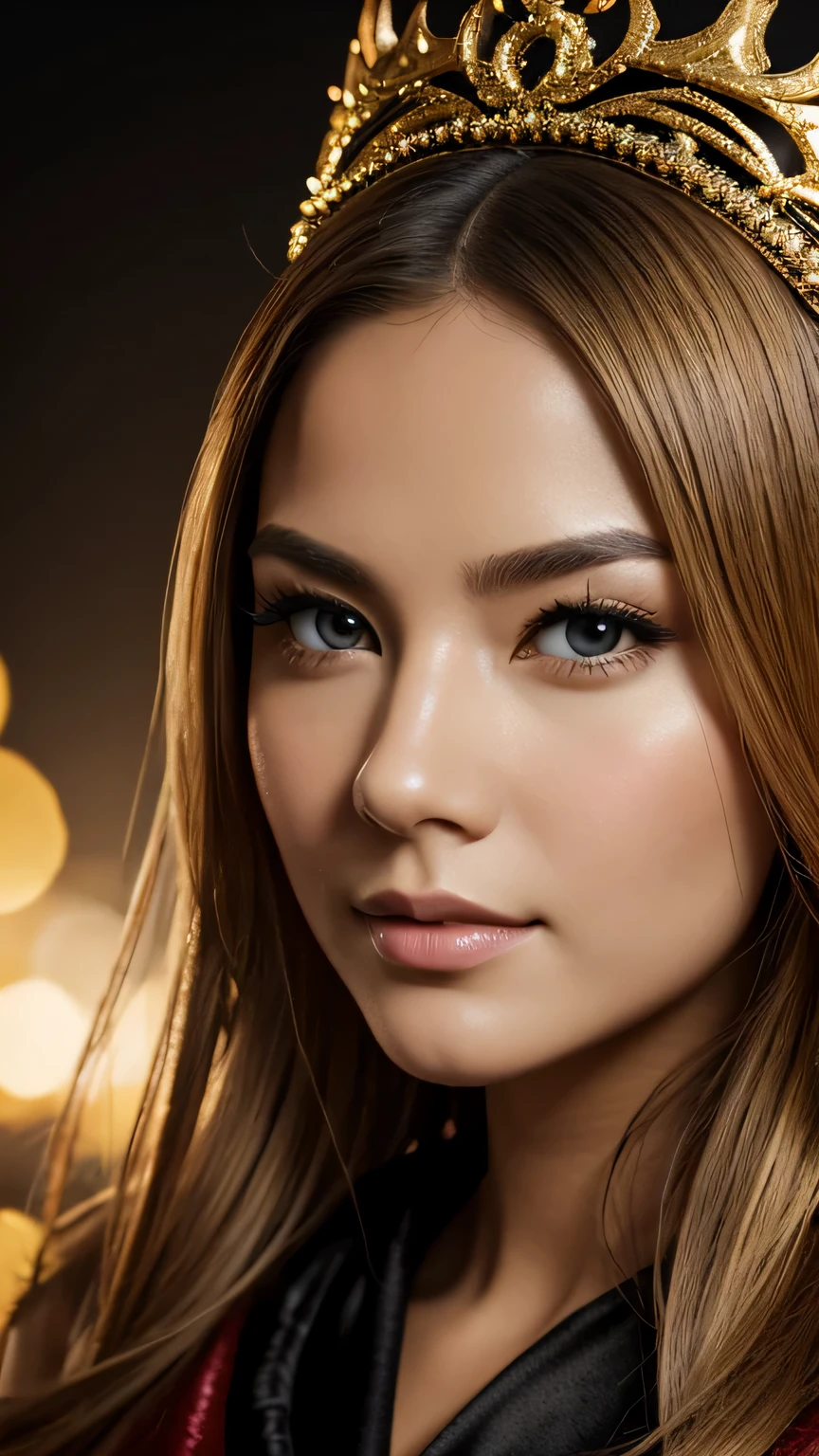a beautiful empress portrait, blonde hair, Perfect black eyes, Brilliantly, Impossible impressive big Christmas headpiece, clothes Santa robes, everything Christmas, snow, symmetry, Drafoodic Studio Lighting, Rococo, baroque, vegetables, Asian, hyper realism, close, d&d, fantasy, Complex, elegant, very detailed, digital painting, art station, octane rendering, 8K, concept art, food, sharp focus, (((close up of face))), masterpiece, 最high quality, high quality, High resolution, ((black background))