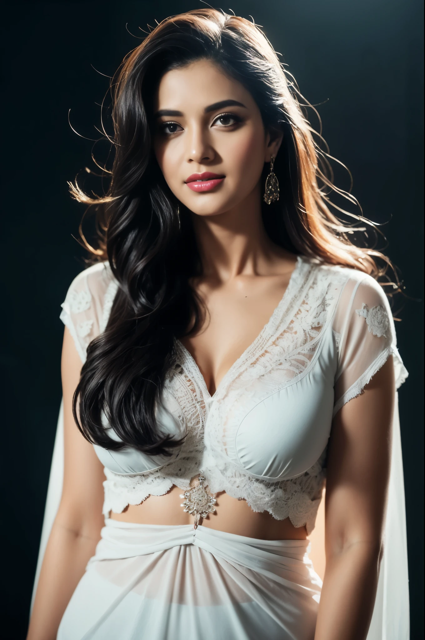 Portrait of A confident-looking Bangladesh  woman with flowing long and thick hair, hazel eyes, team India cricket tshirt, a smile on the face, royal and lusty look, red bindi, standing in cricket stadium, c-cup breast, perfect composition, hyperrealistic, super detailed, 8k, high quality, trending art, trending on artstation, sharp focus,  photo, intricate details, highly detailed, art by Greg Rutkowski