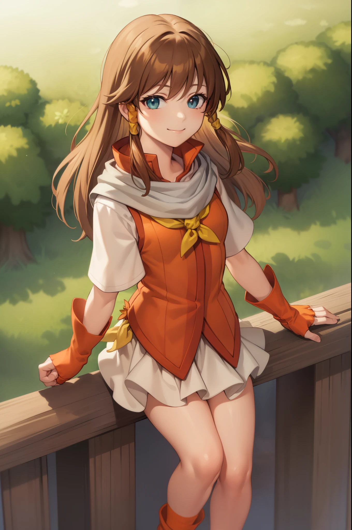 masterpiece, best quality, feMist, white scarf, orange vest, yellow dress, fingerless gloves, upper body, forest, looking at viewer, from above, smile, closed mouth