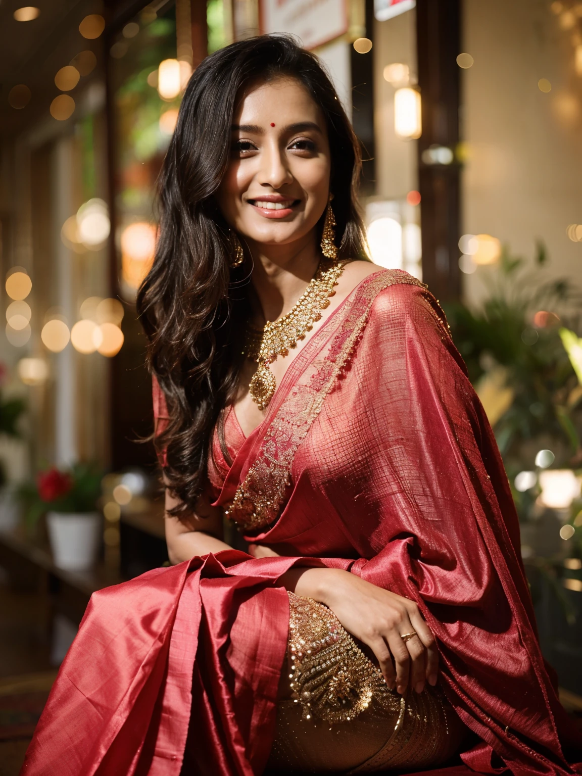 anupa kakkar in a red sari smiling for the camera, indian super model, traditional beauty, jayison devadas, with an elegant smile, indian, dramatic smile pose intricate, by Max Dauthendey, dressed in a sari, beautiful and smiling, actress, gorgeous woman, 7 0 mm portrait, stunning beautiful, elegant smiling pose, photoshoot