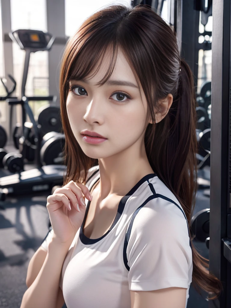 Highly detailed CG Unity 8K wallpaper, highest quality, Super detailed, masterpiece, realistic, photo realistic, Very knowledgeable cute girl, 25 years old, logic, 腹logic, round eyes, viewer, blush, parted lips, half body shot ,
sportswear , Gym, put your hand on your waist