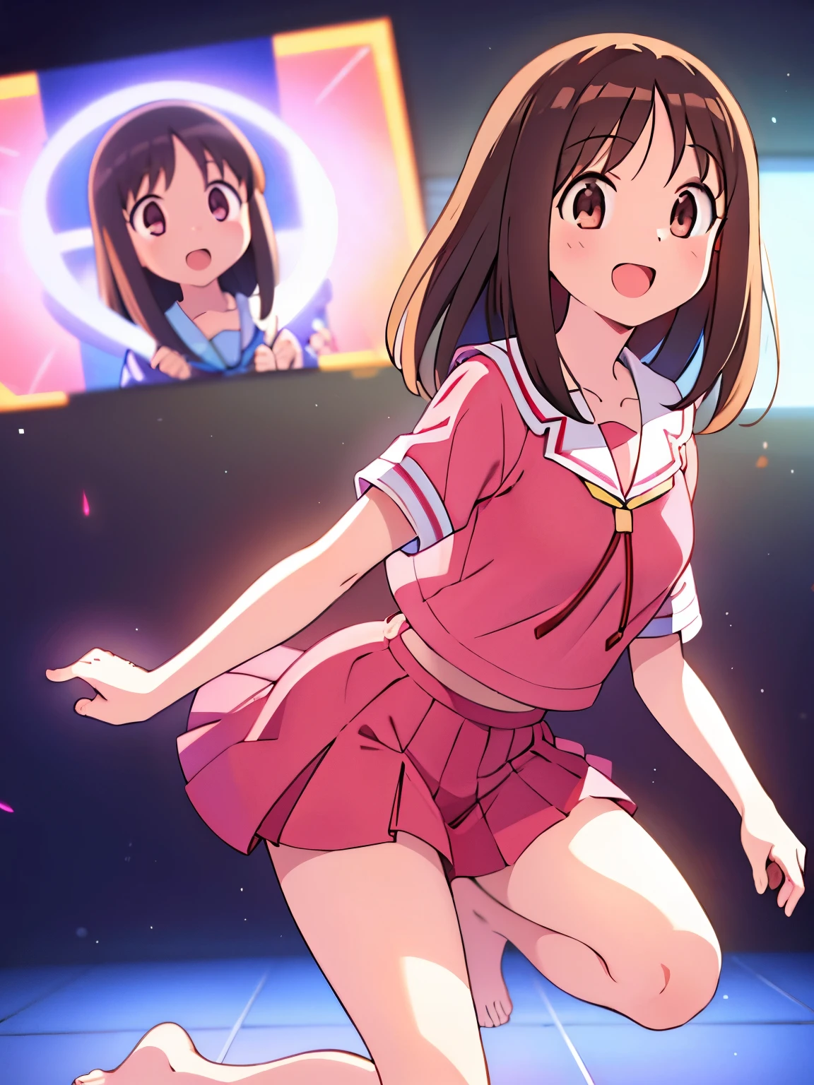 (masterpiece, best quality:1.2),illustration,8k,hd,1girl,solo,cowboy shot, (((masterpiece))),(((best quality))),(((extremely detailed))), illustration, 1girl, azumanga daioh, kasuga ayumu, osaka chan, azumanga daioh's , sailor collar, , serafuku, smile, pink serafuku, open mouth solo, vivid color, shiny, (brown hair),(brown eyes), full body, barefoot, volumetric lighting, multi-color eyes, detailed eyes, hyper detailed, light smile, highly detailed, beautiful, small details, ultra detailed, best quality, intricate, 4k, 8k, trending on artstation, good anatomy, beautiful lighting, award-winning, small breasts, female focus, classroom, backlight