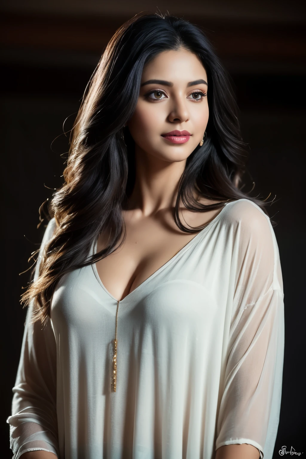 Portrait of A confident-looking Bangladesh  woman with flowing long and thick hair, hazel eyes, team India cricket tshirt, a smile on the face, royal and lusty look, red bindi, standing in cricket stadium, c-cup breast, perfect composition, hyperrealistic, super detailed, 8k, high quality, trending art, trending on artstation, sharp focus,  photo, intricate details, highly detailed, art by Greg Rutkowski