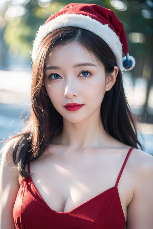 RAW photo:1.2), (photorealistic:1.4), shot by Sony alpha 7 iv, 85mm lens, f/1.4, ISO 100, (masterpiece:1.2), (intricate detailed), (best quality:1.2), (professional photography), (realistic:1.5), (soft light:1.3), (defuse lighting:0.7), (ambient lighting:0.6), (rim lighting,:1.2), fine textures, (depth of field:1.2), (bokeh:1.2), (face focus:1.5), film overlay, film grain, 1girl, A very beautiful adult woman with a very cute smile, Beautiful face with symmetry、Beautiful woman full of adult charm, Gradient Eyes、Intense crystal light blue eyes, Intense highlighting of the eyes, Slightly bigger eyes, Double eyelids, lipgloss, Huge breasts, santa hat,Red lace bra,Red sexy panties,white color hair, blue eye,outside,In the snow,reindeer, Look firmly at the camera, beautiful hair that feels movement