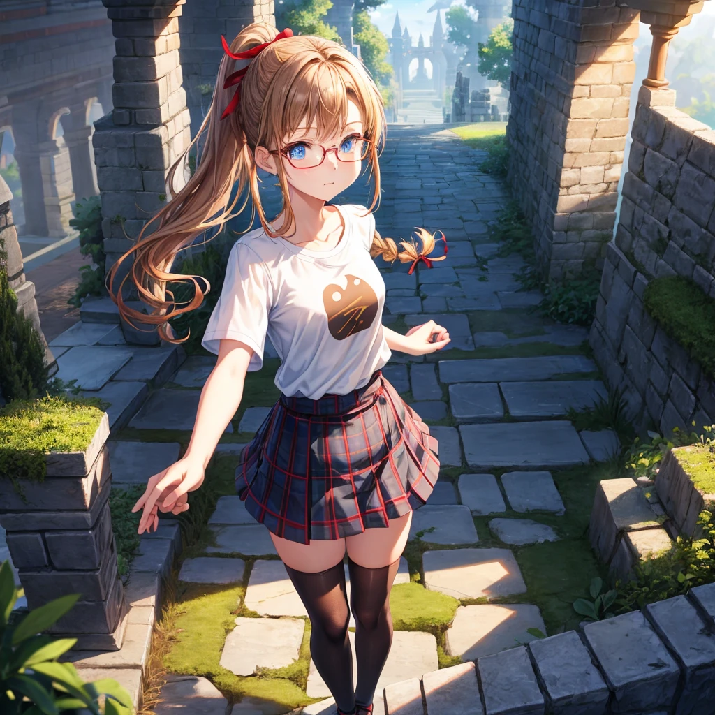 reddish-brown blonde、blue hair、blue eyes、ponytail、Braid、one good looking girl、solo、anime、Plaid miniskirt、camisole、black t-shirt、Tilting your face、Doing the ribbon、Ribbon at waist、sunset sky、stone stairs、tunnel、Fallen leaves、wearing glasses、Light and shadow、maze、monster castle、lanthanum、corridor、Black socks、mossy stone、One leg is raised、pinwheel、castle floating in the air、column