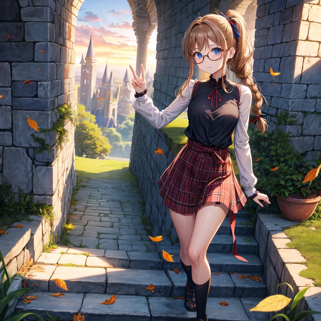 reddish-brown blonde、blue hair、blue eyes、ponytail、Braid、one good looking girl、solo、anime、Plaid miniskirt、camisole、black t-shirt、Tilting your face、Doing the ribbon、Ribbon at waist、sunset sky、stone stairs、tunnel、Fallen leaves、wearing glasses、Light and shadow、maze、monster castle、lanthanum、corridor、Black socks、mossy stone、One leg is raised、pinwheel、castle floating in the air、column
