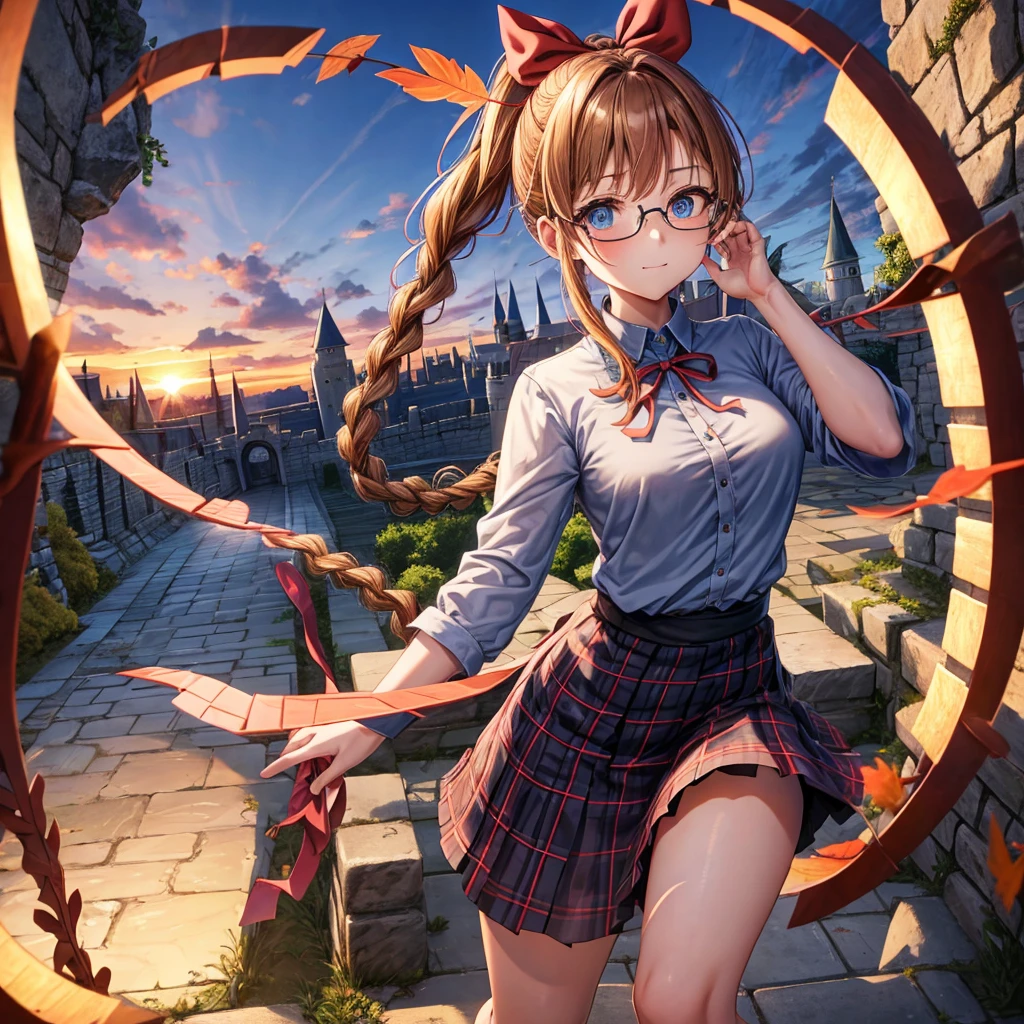 reddish-brown blonde、blue hair、blue eyes、ponytail、Braid、one good looking girl、solo、anime、Plaid miniskirt、camisole、black t-shirt、Tilting your face、Doing the ribbon、Ribbon at waist、sunset sky、stone stairs、tunnel、Fallen leaves、wearing glasses、Light and shadow、maze、monster castle、lanthanum、corridor、Black socks、mossy stone、One leg is raised、pinwheel、castle floating in the air、column
