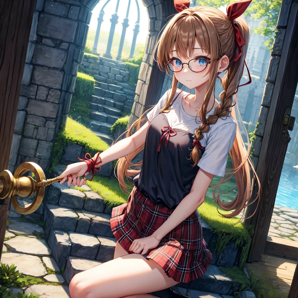 reddish-brown blonde、blue hair、blue eyes、ponytail、Braid、one good looking girl、solo、anime、Plaid miniskirt、camisole、black t-shirt、Tilting your face、Doing the ribbon、Ribbon at waist、sunset sky、stone stairs、tunnel、Fallen leaves、wearing glasses、Light and shadow、maze、monster castle、lanthanum、corridor、Black socks、mossy stone、One leg is raised、pinwheel、castle floating in the air、column