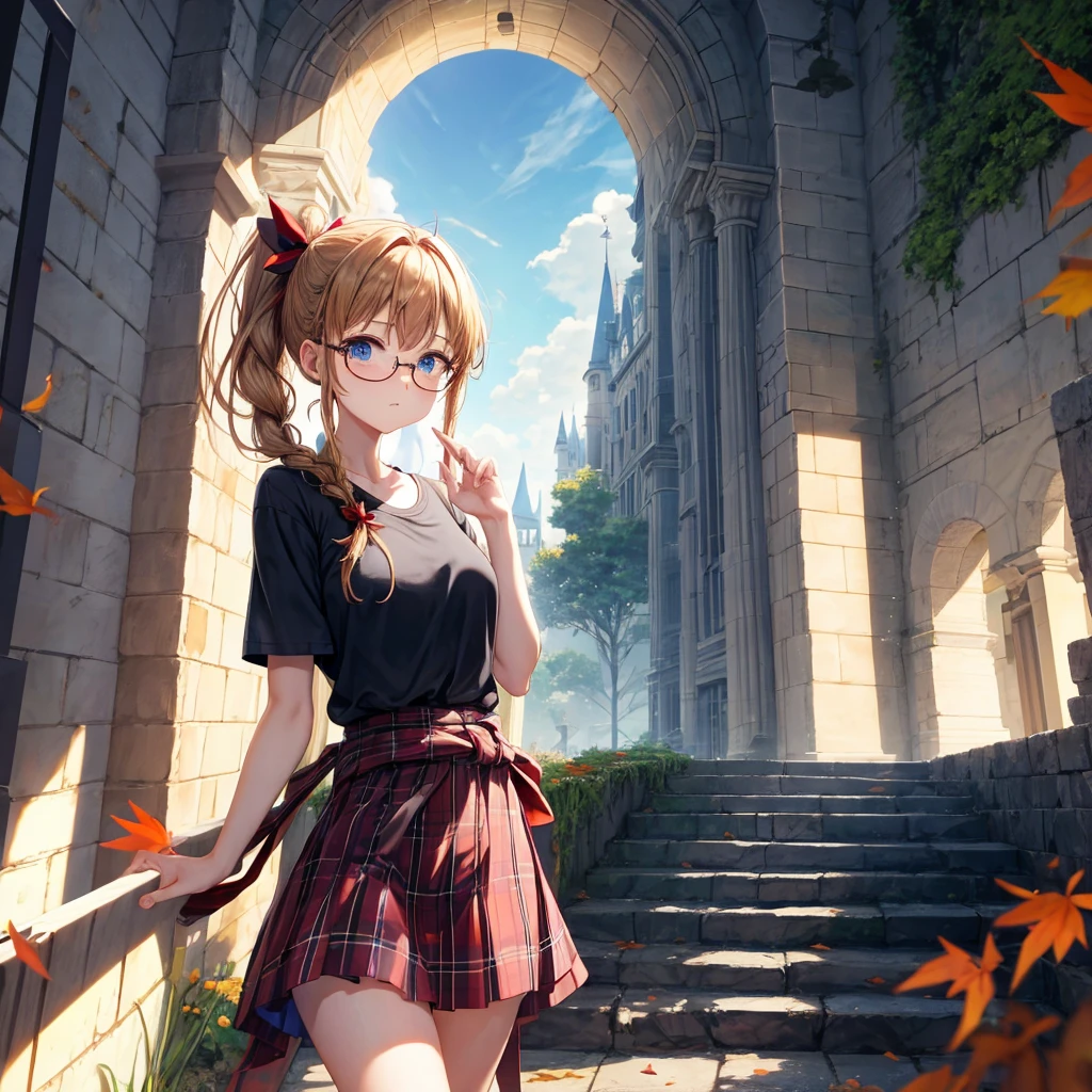 reddish-brown blonde、blue hair、blue eyes、ponytail、Braid、one good looking girl、solo、anime、Plaid miniskirt、camisole、black t-shirt、Tilting your face、Doing the ribbon、Ribbon at waist、sunset sky、stone stairs、tunnel、Fallen leaves、wearing glasses、Light and shadow、maze、monster castle、lanthanum、corridor、Black socks、mossy stone、One leg is raised、pinwheel、castle floating in the air、column