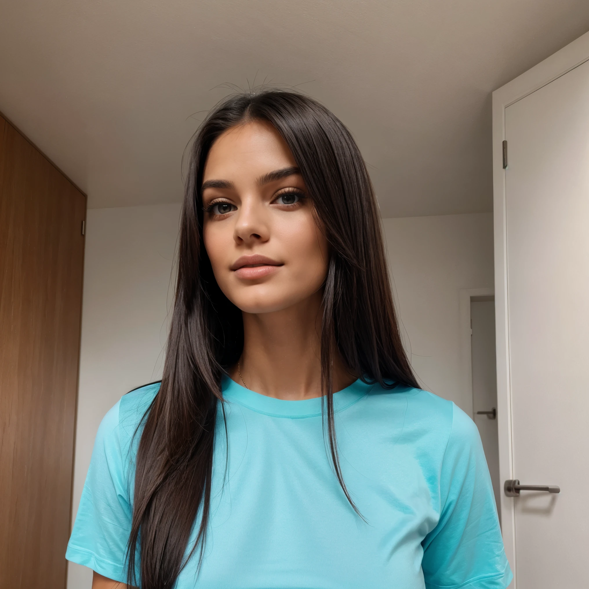 (the most beautiful woman in the world) straight hair, tight t-shirt, big tis