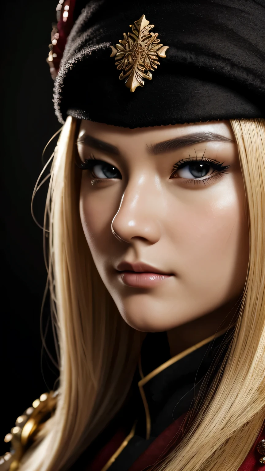 a beautiful empress portrait, blonde hair, Perfect black eyes, Brilliantly, Impossible impressive big Christmas headpiece, clothes Santa robes, everything Christmas, snow, symmetry, Drafoodic Studio Lighting, Rococo, baroque, vegetables, Asian, hyper realism, close, d&d, fantasy, Complex, elegant, very detailed, digital painting, art station, octane rendering, 8K, concept art, food, sharp focus, (((close up of face))), masterpiece, 最high quality, high quality, High resolution, ((black background))