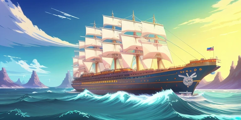 a cartoon ship,game illustration,mobile game art,background artwork,background art,video games,sea island背景,sea island,The ship is moving forward,2d，远处有sea island