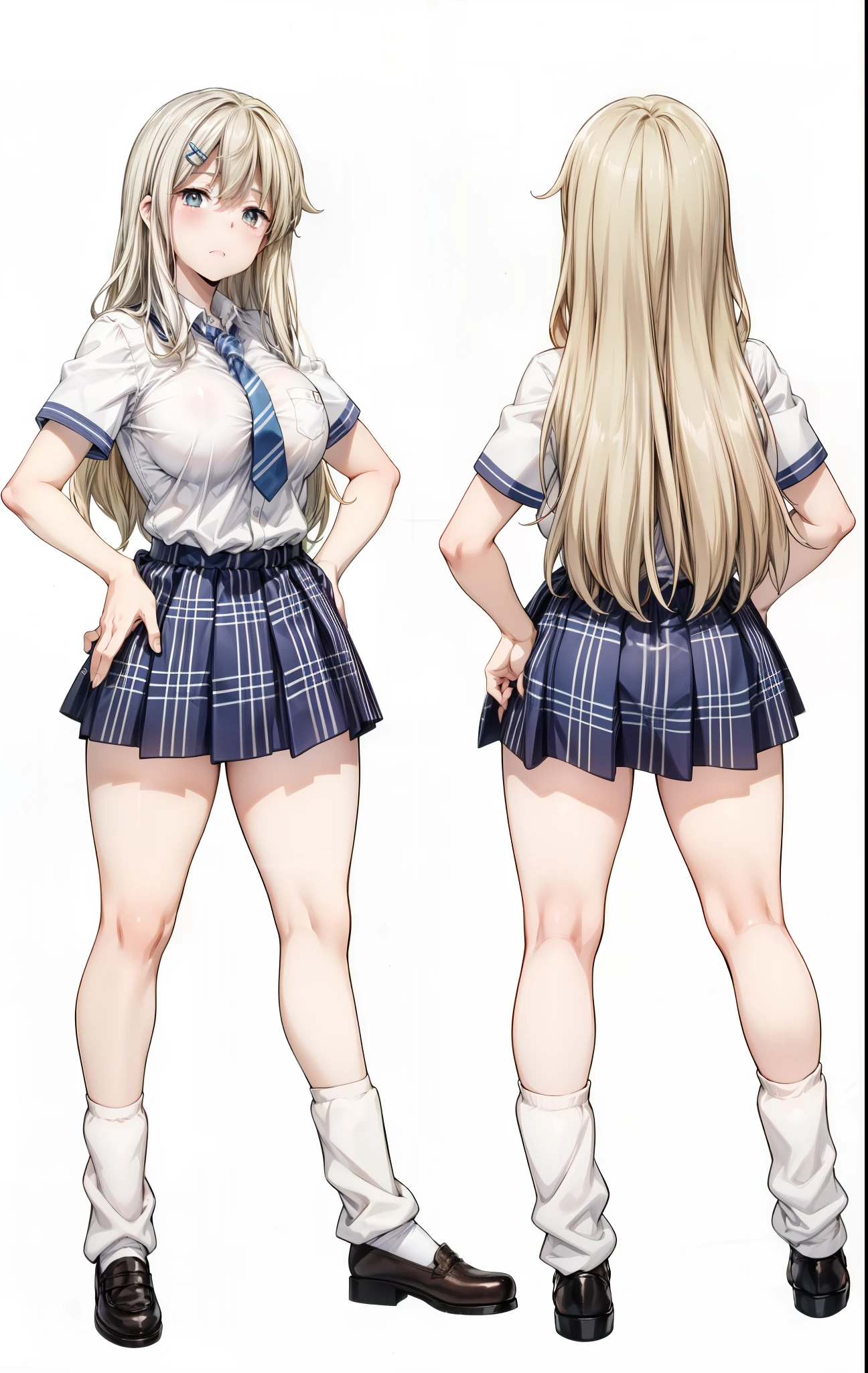  (Beautiful, Huge_Breasts:1.3), Keqing_a, (very short skirt:1.4)

two anime style girls are posed and showing off their outfits and backsides, 1girl, skirt, necktie, long hair, school uniform, multiple views, hairclip, socks, hair ornament, plaid skirt, shirt, white shirt, blonde hair, plaid, white background, breasts


(day:1.7), in a room with curtains on the windows,indoors, standing at attention, 
1 girl, 20yo,YOUNG female,Beautiful Finger, Beautiful long legs ,Beautiful body ,Beautiful Nose ,Beautiful character design, perfect eyes, perfect face,

looking at viewer, in the center of the image, 

official art, extremely detailed CG unity 8k wallpaper, perfect lighting,Colorful, Bright_Front_face_Lightinasterpiece:1.0),(best_quality:1.0), ultra high res,4K,ultra-detailed,
photography, 8K, HDR, highres, absurdres:1.2, Kodak portra 400, film grain, blurry background, bokeh:1.2, lens flare, (vibrant_color:1.2)
, (beautiful_face:1.5),(narrow_waist), (Beautiful,Huge_Breasts:1.3)