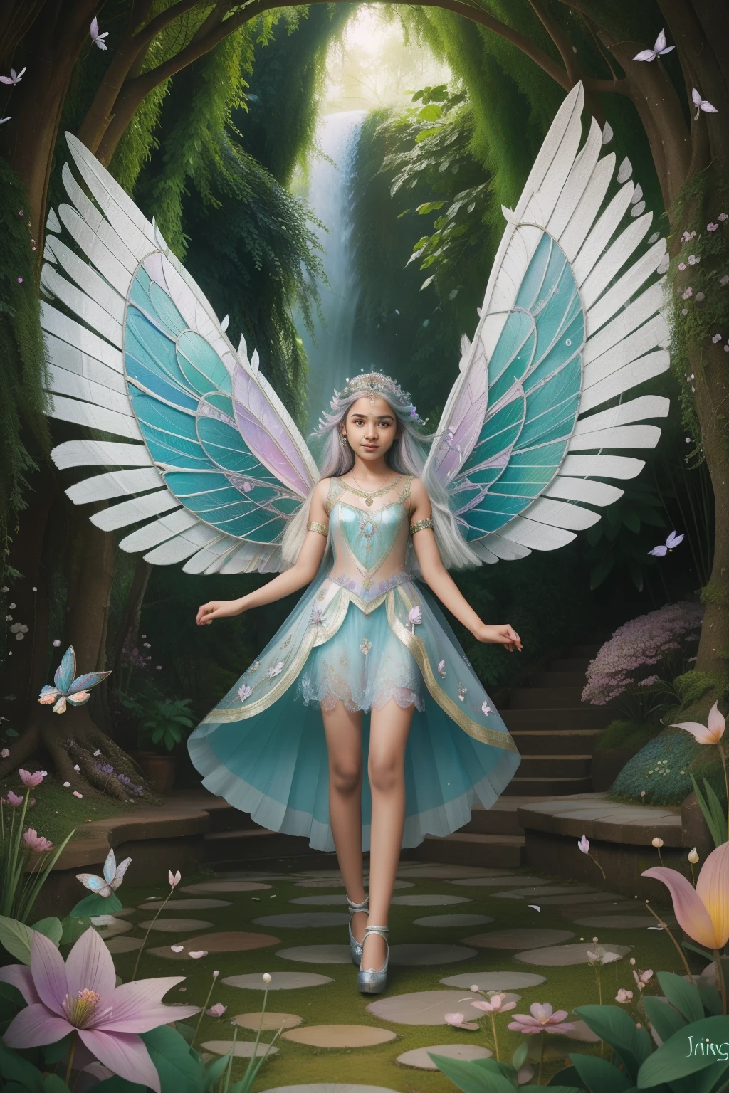Within the whimsical garden of an English fairy palace in the 2010s, a fifteen-year-old Indian girl, with cascading silver hair and wings of iridescent petals, engages in a lively game of magical tag with ethereal woodland creatures, creating a scene of fantastical playfulness amidst enchanted flora.