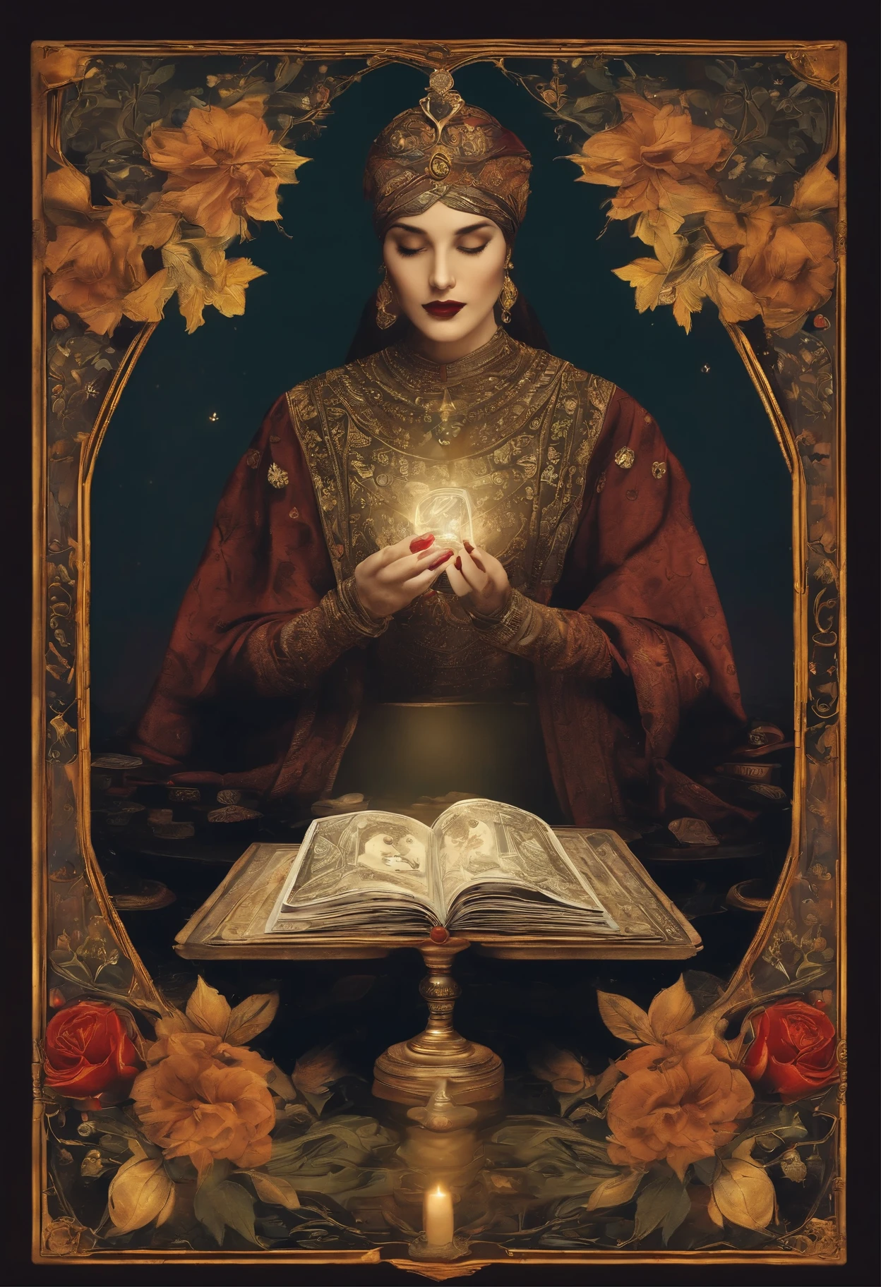 タロットカードをtableの上に並べている。A mysterious and hopeful image。Depiction of only hands、tarot appraisal、divination、table
